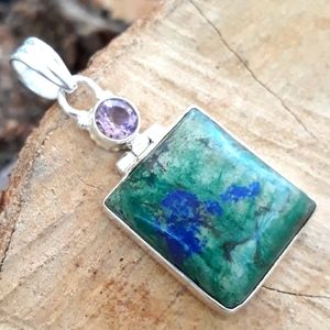 Azurite in Malachite & Amethyst Silver Pendant